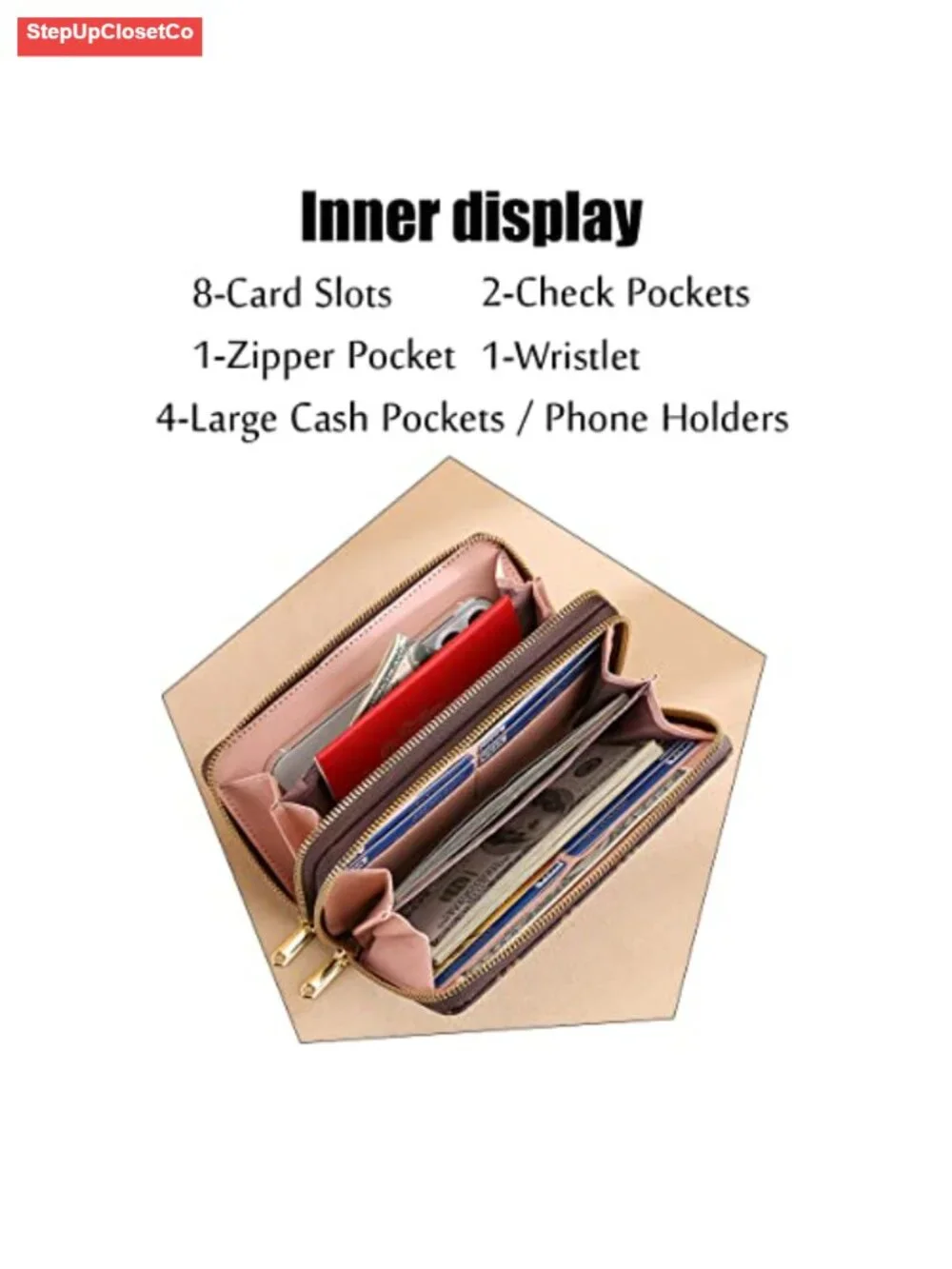 Large Capacity Double Zip Wristlet Wallet for Women with 15 Storage Spaces